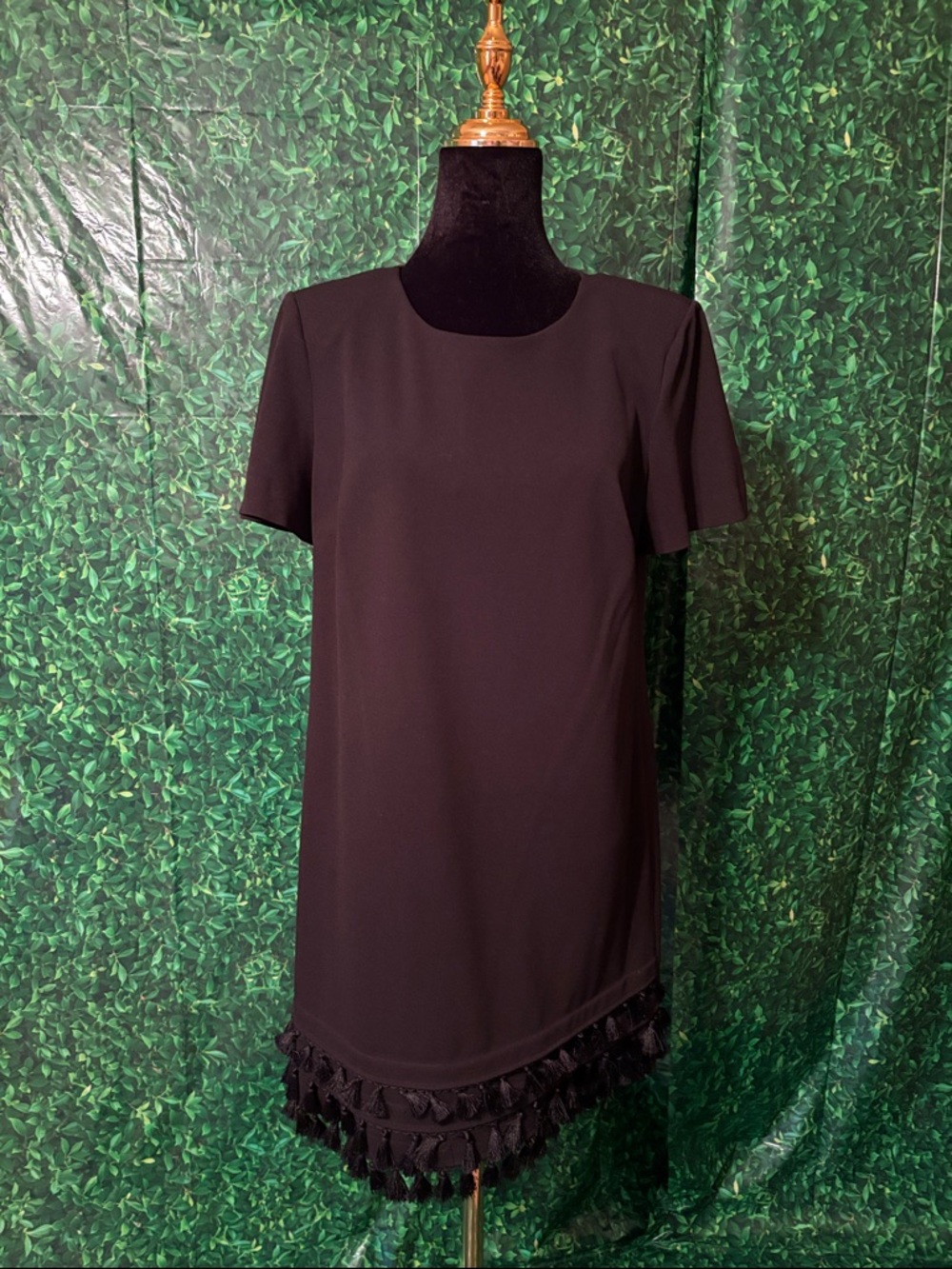 Calvin Klein Black Short Sleeve Shift Dress with Tassel Trim